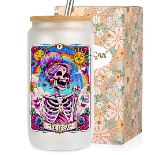LEADO IDGAF Tarot Card Cups, Sarcastic Skeleton Skull Cup, Funny Gifts for Women - Iced Coffee Cup, 16oz Frosted Glass Cups with Lids Straws - Halloween, Witchy, Birthday Gifts for Friend, Mom