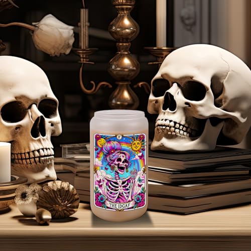 LEADO IDGAF Tarot Card Cups, Sarcastic Skeleton Skull Cup, Funny Gifts for Women - Iced Coffee Cup, 16oz Frosted Glass Cups with Lids Straws - Halloween, Witchy, Birthday Gifts for Friend, Mom