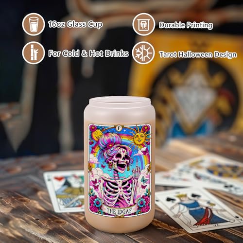 LEADO IDGAF Tarot Card Cups, Sarcastic Skeleton Skull Cup, Funny Gifts for Women - Iced Coffee Cup, 16oz Frosted Glass Cups with Lids Straws - Halloween, Witchy, Birthday Gifts for Friend, Mom