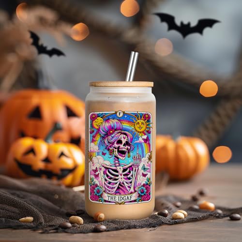 LEADO IDGAF Tarot Card Cups, Sarcastic Skeleton Skull Cup, Funny Gifts for Women - Iced Coffee Cup, 16oz Frosted Glass Cups with Lids Straws - Halloween, Witchy, Birthday Gifts for Friend, Mom