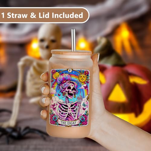 LEADO IDGAF Tarot Card Cups, Sarcastic Skeleton Skull Cup, Funny Gifts for Women - Iced Coffee Cup, 16oz Frosted Glass Cups with Lids Straws - Halloween, Witchy, Birthday Gifts for Friend, Mom