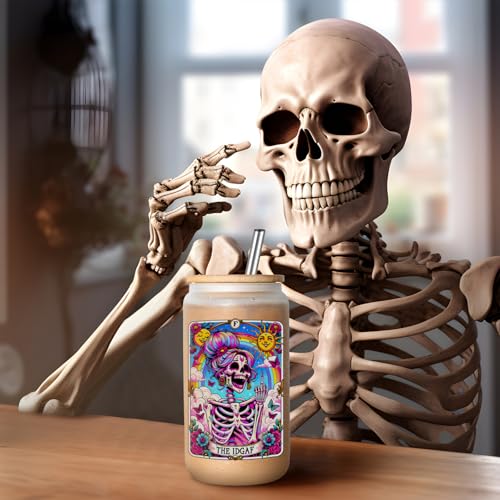 LEADO IDGAF Tarot Card Cups, Sarcastic Skeleton Skull Cup, Funny Gifts for Women - Iced Coffee Cup, 16oz Frosted Glass Cups with Lids Straws - Halloween, Witchy, Birthday Gifts for Friend, Mom