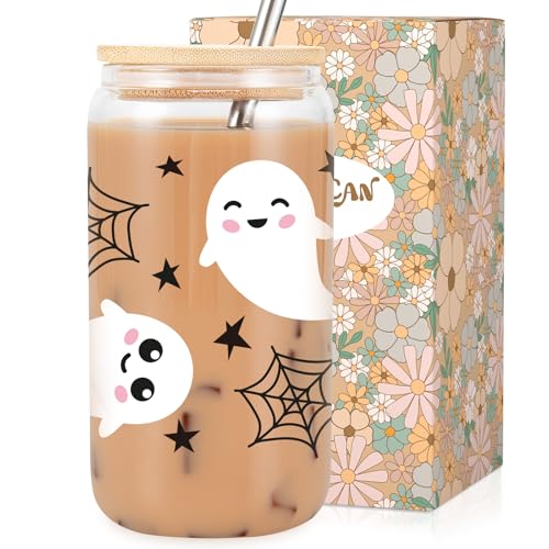 LEADO Halloween Cobweb Ghost Iced Coffee Cup, 16oz Cute Halloween Glass Cups with Lids and Straws - Boo Basket Stuffers for Her, Spooky Halloween Gifts for Women, Girl - Fall Mug Glass Tumbler