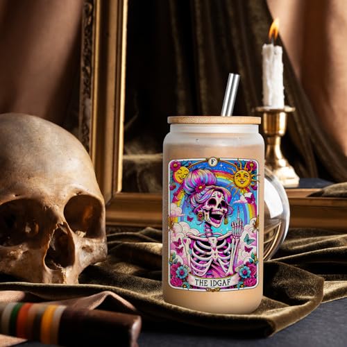 LEADO IDGAF Tarot Card Cups, Sarcastic Skeleton Skull Cup, Funny Gifts for Women - Iced Coffee Cup, 16oz Frosted Glass Cups with Lids Straws - Halloween, Witchy, Birthday Gifts for Friend, Mom