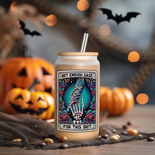 LEADO Tarot Card Skeleton Hand Cup, Funny Halloween Skull Tumbler, 16oz Frosted Coffee Glass Cups with Lids Straws - Witchy Gifts for Women, Sarcastic Birthday Sage Gifts for Her, Friends, Mom