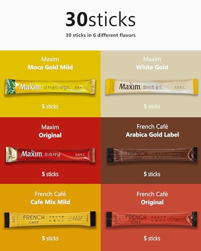 CUTIE MANGO Maxim French Premium Korean Instant Coffee Mix Sampler 6 Flavors Assortment Café Style Camping Party Single Serve Packets 30 Variety Pack (5 Sticks Each) with Complimentary 2 Teabags