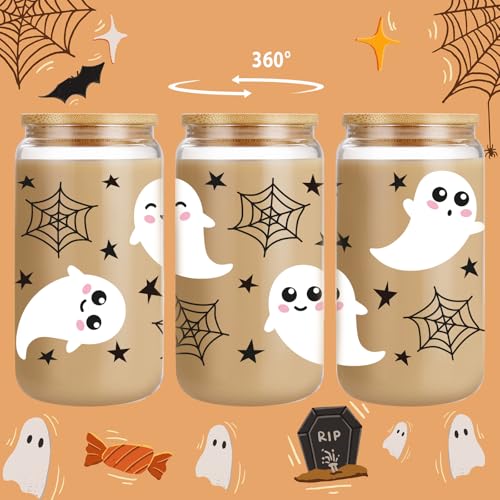 LEADO Halloween Cobweb Ghost Iced Coffee Cup, 16oz Cute Halloween Glass Cups with Lids and Straws - Boo Basket Stuffers for Her, Spooky Halloween Gifts for Women, Girl - Fall Mug Glass Tumbler