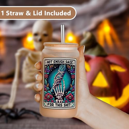 LEADO Tarot Card Skeleton Hand Cup, Funny Halloween Skull Tumbler, 16oz Frosted Coffee Glass Cups with Lids Straws - Witchy Gifts for Women, Sarcastic Birthday Sage Gifts for Her, Friends, Mom