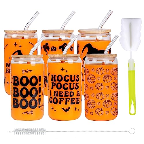 Kolewo4ever 6 Pieces Halloween Can Glass 16oz Coffee Glass Cup with Bamboo Lid and Straw Ghost Pumpkin Wizard Can Glass for for Water, Juice, Milk, Beer, Whiskey, Vodka and Halloween Party