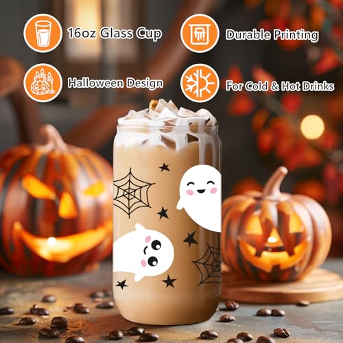 LEADO Halloween Cobweb Ghost Iced Coffee Cup, 16oz Cute Halloween Glass Cups with Lids and Straws - Boo Basket Stuffers for Her, Spooky Halloween Gifts for Women, Girl - Fall Mug Glass Tumbler