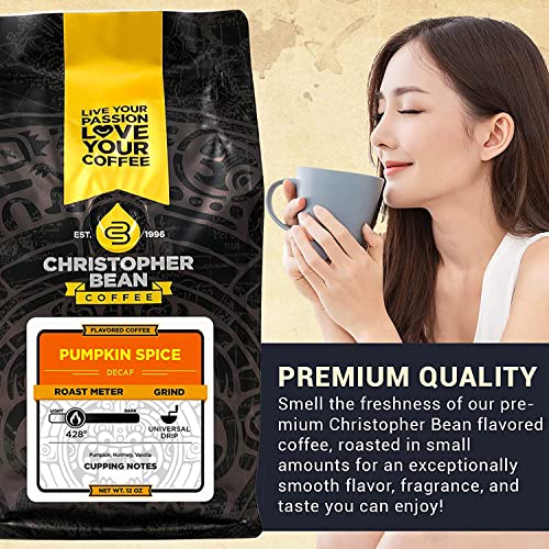 Christopher Bean Coffee Pumpkin Spice Coffee, Decaf | Flavored Coffee Ground | Non-GMO Halloween Coffee | Arabica Coffee Beans, Makes 30 Cups | Fall Coffee | Non-Dairy & Sugar-Free, 12oz