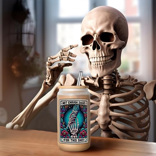 LEADO Tarot Card Skeleton Hand Cup, Funny Halloween Skull Tumbler, 16oz Frosted Coffee Glass Cups with Lids Straws - Witchy Gifts for Women, Sarcastic Birthday Sage Gifts for Her, Friends, Mom