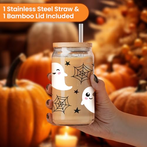 LEADO Halloween Cobweb Ghost Iced Coffee Cup, 16oz Cute Halloween Glass Cups with Lids and Straws - Boo Basket Stuffers for Her, Spooky Halloween Gifts for Women, Girl - Fall Mug Glass Tumbler