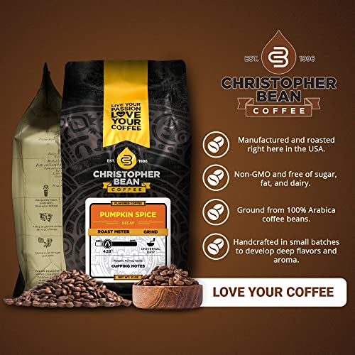 Christopher Bean Coffee Pumpkin Spice Coffee, Decaf | Flavored Coffee Ground | Non-GMO Halloween Coffee | Arabica Coffee Beans, Makes 30 Cups | Fall Coffee | Non-Dairy & Sugar-Free, 12oz