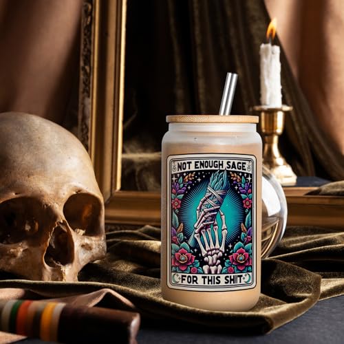 LEADO Tarot Card Skeleton Hand Cup, Funny Halloween Skull Tumbler, 16oz Frosted Coffee Glass Cups with Lids Straws - Witchy Gifts for Women, Sarcastic Birthday Sage Gifts for Her, Friends, Mom