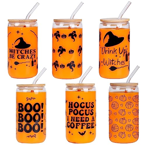 Kolewo4ever 6 Pieces Halloween Can Glass 16oz Coffee Glass Cup with Bamboo Lid and Straw Ghost Pumpkin Wizard Can Glass for for Water, Juice, Milk, Beer, Whiskey, Vodka and Halloween Party