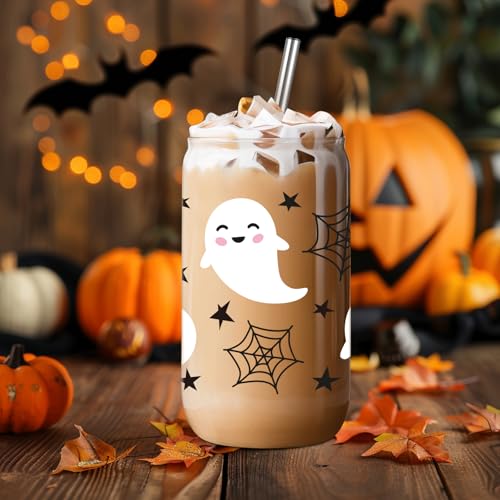 LEADO Halloween Cobweb Ghost Iced Coffee Cup, 16oz Cute Halloween Glass Cups with Lids and Straws - Boo Basket Stuffers for Her, Spooky Halloween Gifts for Women, Girl - Fall Mug Glass Tumbler