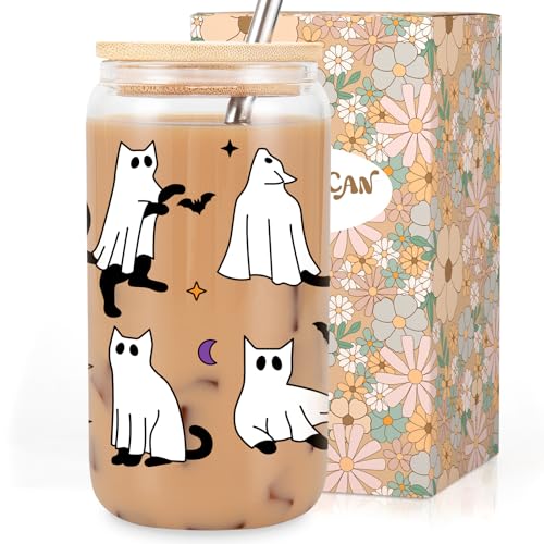 LEADO Halloween Cat Ghost Iced Coffee Cup, Halloween Glass Cups with Lids & Straws, 16oz Cute Halloween Bat Spooky Tumbler - Boo Basket Stuffers, Halloween Fall Gifts for Cat Lover, Women, Her