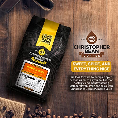 Christopher Bean Coffee Pumpkin Spice Coffee, Decaf | Flavored Coffee Ground | Non-GMO Halloween Coffee | Arabica Coffee Beans, Makes 30 Cups | Fall Coffee | Non-Dairy & Sugar-Free, 12oz