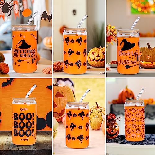 Kolewo4ever 6 Pieces Halloween Can Glass 16oz Coffee Glass Cup with Bamboo Lid and Straw Ghost Pumpkin Wizard Can Glass for for Water, Juice, Milk, Beer, Whiskey, Vodka and Halloween Party