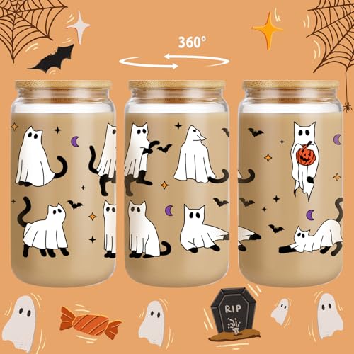 LEADO Halloween Cat Ghost Iced Coffee Cup, Halloween Glass Cups with Lids & Straws, 16oz Cute Halloween Bat Spooky Tumbler - Boo Basket Stuffers, Halloween Fall Gifts for Cat Lover, Women, Her