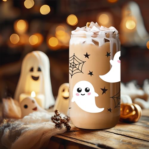 LEADO Halloween Cobweb Ghost Iced Coffee Cup, 16oz Cute Halloween Glass Cups with Lids and Straws - Boo Basket Stuffers for Her, Spooky Halloween Gifts for Women, Girl - Fall Mug Glass Tumbler