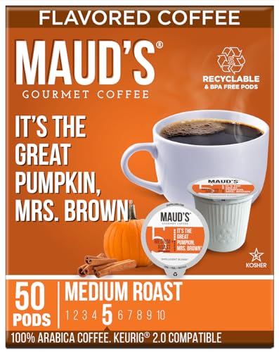 Maud's Pumpkin Spice Flavored Coffee Pods, 50 ct | Great Pumpkin Mrs. Brown Flavor | 100% Arabica Medium Roast Coffee | Solar Energy Produced Recyclable Pods Compatible with Keurig K Cups Maker