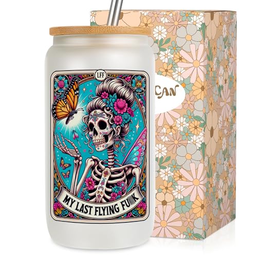 LEADO Tarot Card Funny Skull Cup, Halloween Cups Coffee Tumbler, 16oz Cute Frosted Glass Cups with Lids Straws - Witchy Gifts for Women, Halloween Gifts, Birthday Gifts for Friend, Mom, Sister