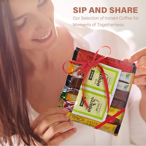 CUTIE MANGO Maxim French Premium Korean Instant Coffee Mix Sampler 6 Flavors Assortment Café Style Camping Party Single Serve Packets 30 Variety Pack (5 Sticks Each) with Complimentary 2 Teabags