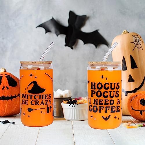 Kolewo4ever 6 Pieces Halloween Can Glass 16oz Coffee Glass Cup with Bamboo Lid and Straw Ghost Pumpkin Wizard Can Glass for for Water, Juice, Milk, Beer, Whiskey, Vodka and Halloween Party