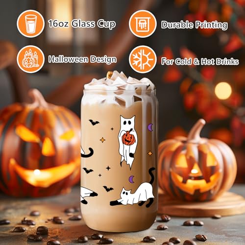 LEADO Halloween Cat Ghost Iced Coffee Cup, Halloween Glass Cups with Lids & Straws, 16oz Cute Halloween Bat Spooky Tumbler - Boo Basket Stuffers, Halloween Fall Gifts for Cat Lover, Women, Her