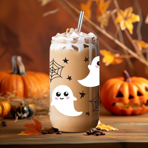 LEADO Halloween Cobweb Ghost Iced Coffee Cup, 16oz Cute Halloween Glass Cups with Lids and Straws - Boo Basket Stuffers for Her, Spooky Halloween Gifts for Women, Girl - Fall Mug Glass Tumbler