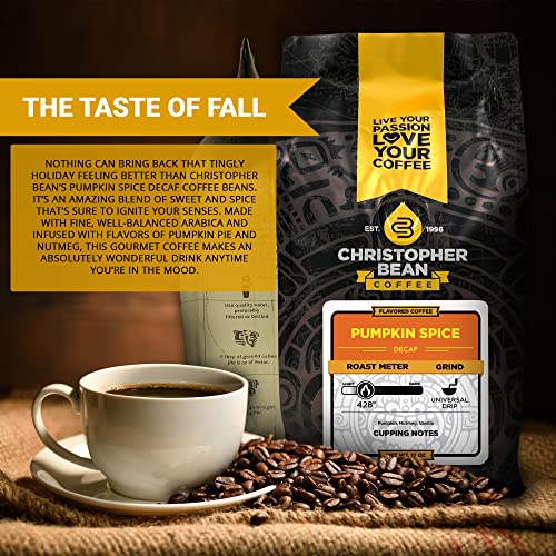 Christopher Bean Coffee Pumpkin Spice Coffee, Decaf | Flavored Coffee Ground | Non-GMO Halloween Coffee | Arabica Coffee Beans, Makes 30 Cups | Fall Coffee | Non-Dairy & Sugar-Free, 12oz