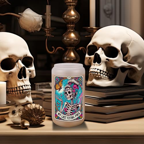 LEADO Tarot Card Funny Skull Cup, Halloween Cups Coffee Tumbler, 16oz Cute Frosted Glass Cups with Lids Straws - Witchy Gifts for Women, Halloween Gifts, Birthday Gifts for Friend, Mom, Sister