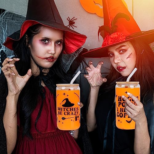 Kolewo4ever 6 Pieces Halloween Can Glass 16oz Coffee Glass Cup with Bamboo Lid and Straw Ghost Pumpkin Wizard Can Glass for for Water, Juice, Milk, Beer, Whiskey, Vodka and Halloween Party