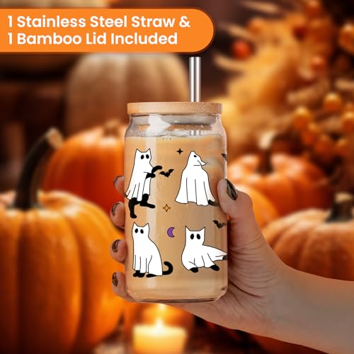 LEADO Halloween Cat Ghost Iced Coffee Cup, Halloween Glass Cups with Lids & Straws, 16oz Cute Halloween Bat Spooky Tumbler - Boo Basket Stuffers, Halloween Fall Gifts for Cat Lover, Women, Her