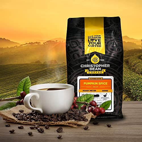 Christopher Bean Coffee Pumpkin Spice Coffee, Decaf | Flavored Coffee Ground | Non-GMO Halloween Coffee | Arabica Coffee Beans, Makes 30 Cups | Fall Coffee | Non-Dairy & Sugar-Free, 12oz