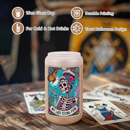 LEADO Tarot Card Funny Skull Cup, Halloween Cups Coffee Tumbler, 16oz Cute Frosted Glass Cups with Lids Straws - Witchy Gifts for Women, Halloween Gifts, Birthday Gifts for Friend, Mom, Sister
