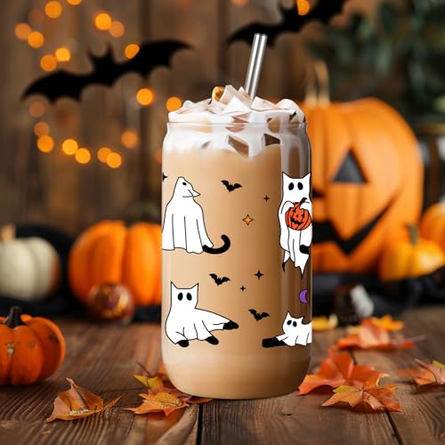 LEADO Halloween Cat Ghost Iced Coffee Cup, Halloween Glass Cups with Lids & Straws, 16oz Cute Halloween Bat Spooky Tumbler - Boo Basket Stuffers, Halloween Fall Gifts for Cat Lover, Women, Her