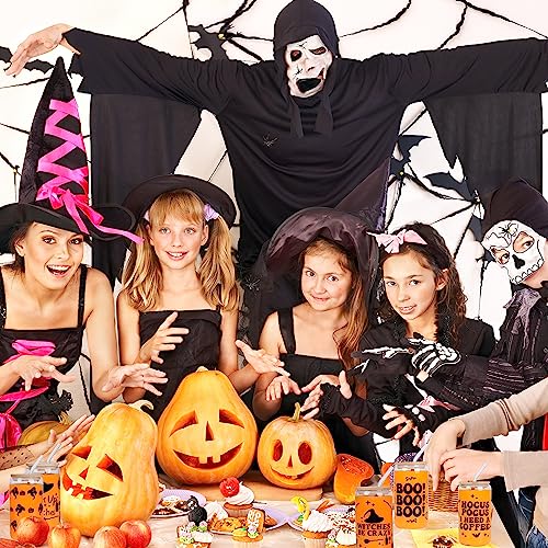 Kolewo4ever 6 Pieces Halloween Can Glass 16oz Coffee Glass Cup with Bamboo Lid and Straw Ghost Pumpkin Wizard Can Glass for for Water, Juice, Milk, Beer, Whiskey, Vodka and Halloween Party