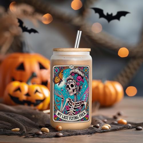 LEADO Tarot Card Funny Skull Cup, Halloween Cups Coffee Tumbler, 16oz Cute Frosted Glass Cups with Lids Straws - Witchy Gifts for Women, Halloween Gifts, Birthday Gifts for Friend, Mom, Sister
