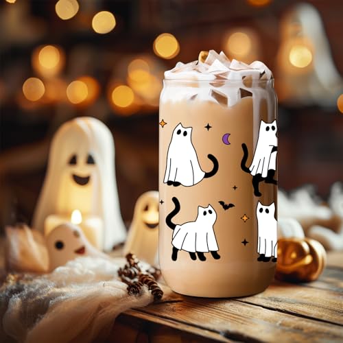 LEADO Halloween Cat Ghost Iced Coffee Cup, Halloween Glass Cups with Lids & Straws, 16oz Cute Halloween Bat Spooky Tumbler - Boo Basket Stuffers, Halloween Fall Gifts for Cat Lover, Women, Her
