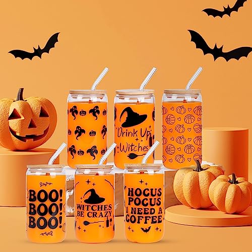 Kolewo4ever 6 Pieces Halloween Can Glass 16oz Coffee Glass Cup with Bamboo Lid and Straw Ghost Pumpkin Wizard Can Glass for for Water, Juice, Milk, Beer, Whiskey, Vodka and Halloween Party