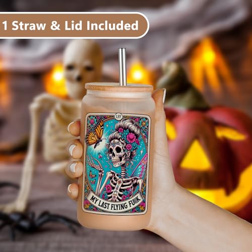 LEADO Tarot Card Funny Skull Cup, Halloween Cups Coffee Tumbler, 16oz Cute Frosted Glass Cups with Lids Straws - Witchy Gifts for Women, Halloween Gifts, Birthday Gifts for Friend, Mom, Sister