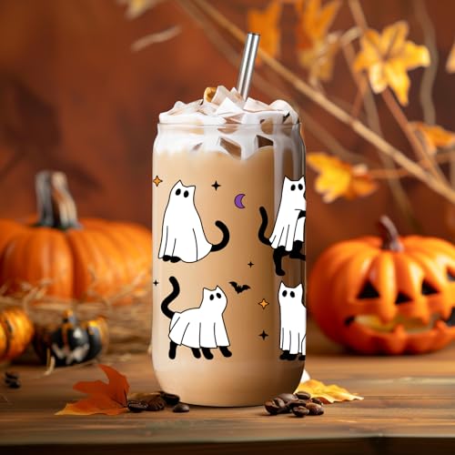 LEADO Halloween Cat Ghost Iced Coffee Cup, Halloween Glass Cups with Lids & Straws, 16oz Cute Halloween Bat Spooky Tumbler - Boo Basket Stuffers, Halloween Fall Gifts for Cat Lover, Women, Her