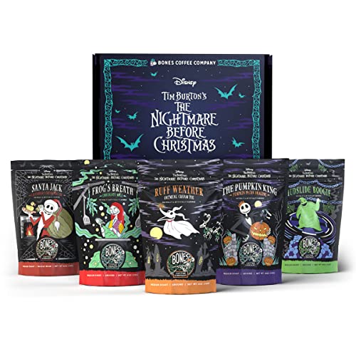 Bones Coffee Company Disney Tim Burton's The Nightmare Before Christmas Collector's Box Whole Coffee Beans | 4 oz Sample Pack of 5 Low Acid Medium Roast Gourmet Flavored Coffee Gifts (Whole Bean)