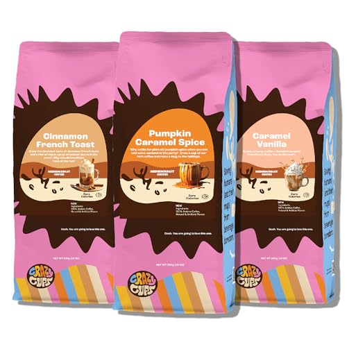 Crazy Cups Flavored Ground Coffee Variety Pack, Includes Cinnamon French Toast, Caramel Vanilla, Pumpkin Caramel Spice, in 10 oz Bags, For Brewing Flavored Hot or Iced Coffee, Variety 3 Pack