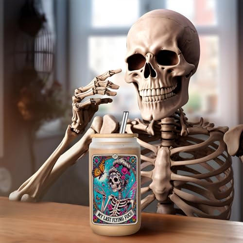 LEADO Tarot Card Funny Skull Cup, Halloween Cups Coffee Tumbler, 16oz Cute Frosted Glass Cups with Lids Straws - Witchy Gifts for Women, Halloween Gifts, Birthday Gifts for Friend, Mom, Sister