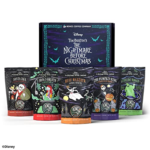 Bones Coffee Company Disney Tim Burton's The Nightmare Before Christmas Collector's Box Whole Coffee Beans | 4 oz Sample Pack of 5 Low Acid Medium Roast Gourmet Flavored Coffee Gifts (Whole Bean)