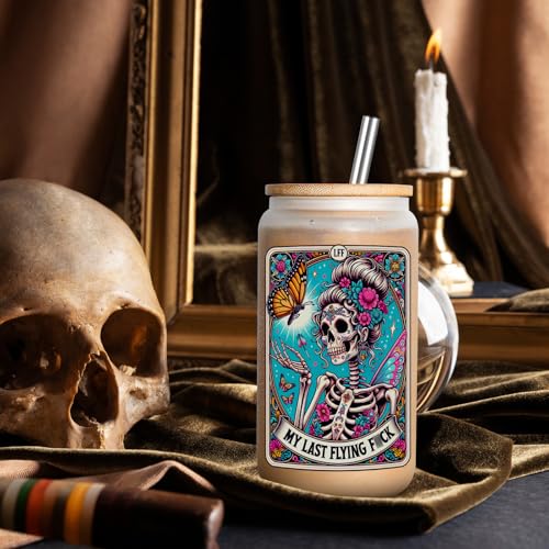 LEADO Tarot Card Funny Skull Cup, Halloween Cups Coffee Tumbler, 16oz Cute Frosted Glass Cups with Lids Straws - Witchy Gifts for Women, Halloween Gifts, Birthday Gifts for Friend, Mom, Sister